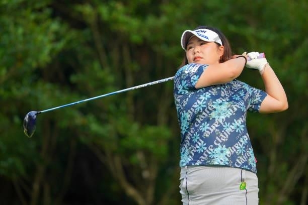 Hiroko Azuma of Japan hits her tee shot on the 2nd hole during the first round of Rakuten Super Ladies at Tokyu Grand Oak Golf Club on July 29, 2021...