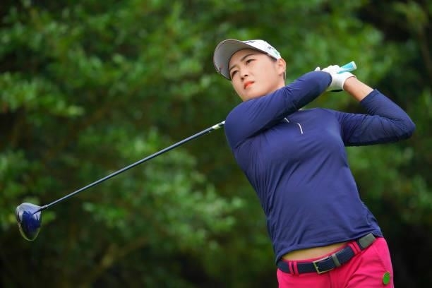 Miyu Shinkai of Japan hits her tee shot on the 2nd hole during the first round of Rakuten Super Ladies at Tokyu Grand Oak Golf Club on July 29, 2021...