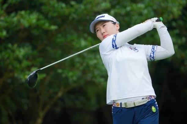 Asuka Ishikawa of Japan hits her tee shot on the 2nd hole during the first round of Rakuten Super Ladies at Tokyu Grand Oak Golf Club on July 29,...