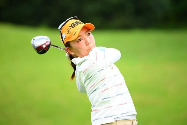 Chie Arimura of Japan hits her tee shot on the 11th hole during the first round of Rakuten Super Ladies at Tokyu Grand Oak Golf Club on July 29, 2021...