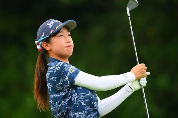 Nana Suganuma of Japan hits her tee shot on the 12th hole during the first round of Rakuten Super Ladies at Tokyu Grand Oak Golf Club on July 29,...