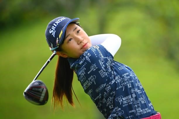 Nana Suganuma of Japan hits her tee shot on the 11th hole during the first round of Rakuten Super Ladies at Tokyu Grand Oak Golf Club on July 29,...