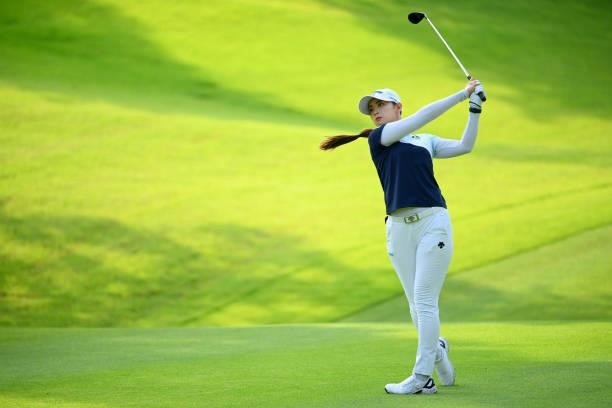Asuka Kashiwabara of Japan hits her second shot on the 13th hole during the first round of Rakuten Super Ladies at Tokyu Grand Oak Golf Club on July...
