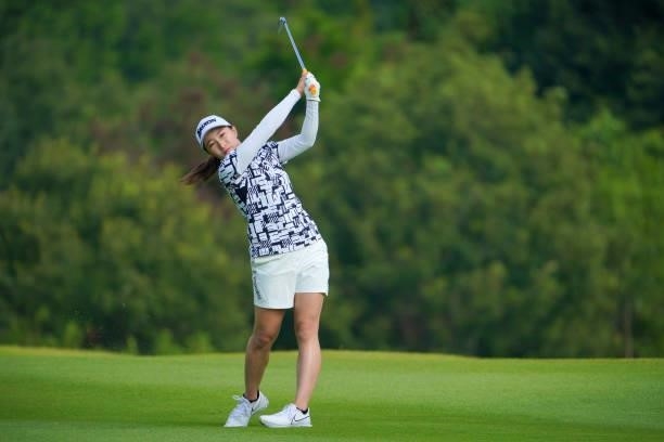 Rieru Shibusawa of Japan hits her second shot on the 2nd hole during the first round of Rakuten Super Ladies at Tokyu Grand Oak Golf Club on July 29,...