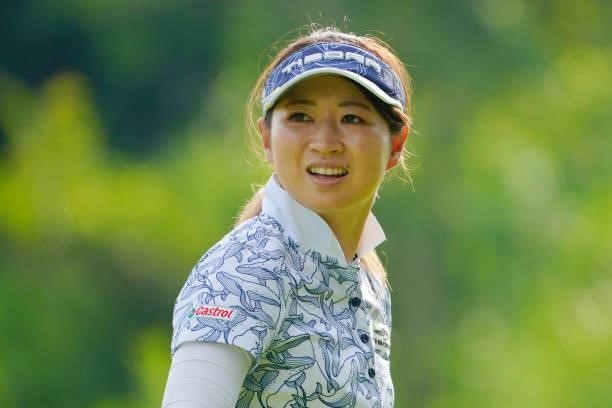 Hikari Kawamitsu of Japan reacts after her tee shot on the 3rd hole during the first round of Rakuten Super Ladies at Tokyu Grand Oak Golf Club on...