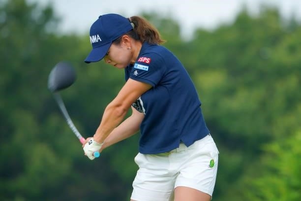 Momo Yoshikawa of Japan hits her tee shot on the 4th hole during the first round of Rakuten Super Ladies at Tokyu Grand Oak Golf Club on July 29,...