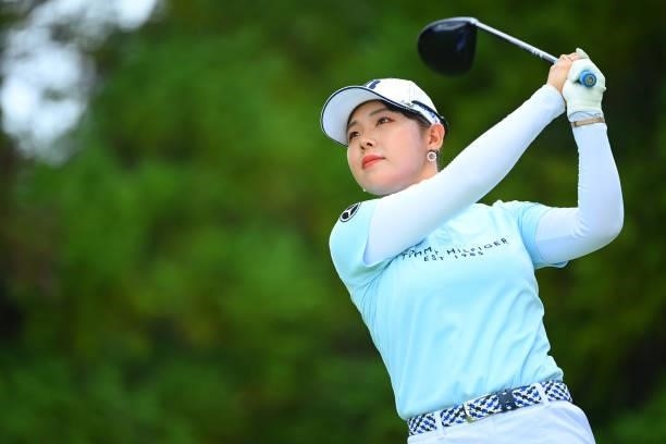 Yuri Yoshida of Japan hits her tee shot on the 14th hole during the first round of Rakuten Super Ladies at Tokyu Grand Oak Golf Club on July 29, 2021...