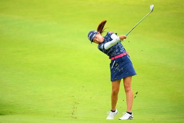 Nana Suganuma of Japan hits her second shot on the 11th hole during the first round of Rakuten Super Ladies at Tokyu Grand Oak Golf Club on July 29,...