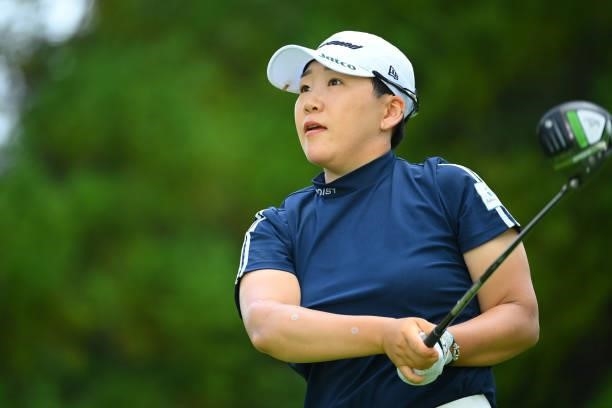 Jiyai Shin of South Korea hits her tee shot on the 14th hole during the first round of Rakuten Super Ladies at Tokyu Grand Oak Golf Club on July 29,...