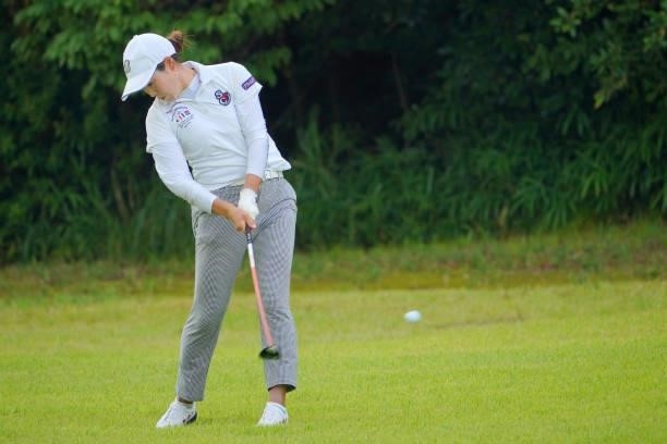Yukari Nishiyama of Japan hits her second shot on the 4th hole during the first round of Rakuten Super Ladies at Tokyu Grand Oak Golf Club on July...