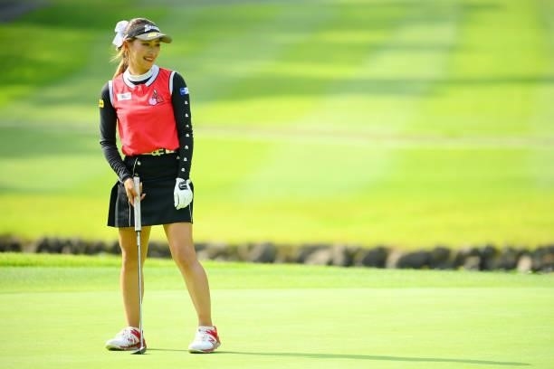 Reika Usui of Japan reacts after a putt on the 13th green during the first round of Rakuten Super Ladies at Tokyu Grand Oak Golf Club on July 29,...