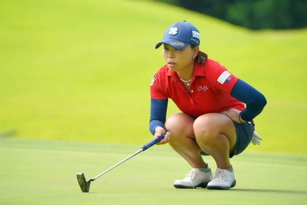 Rie Iwahashi of Japan lines up a putt on the 4th green during the first round of Rakuten Super Ladies at Tokyu Grand Oak Golf Club on July 29, 2021...