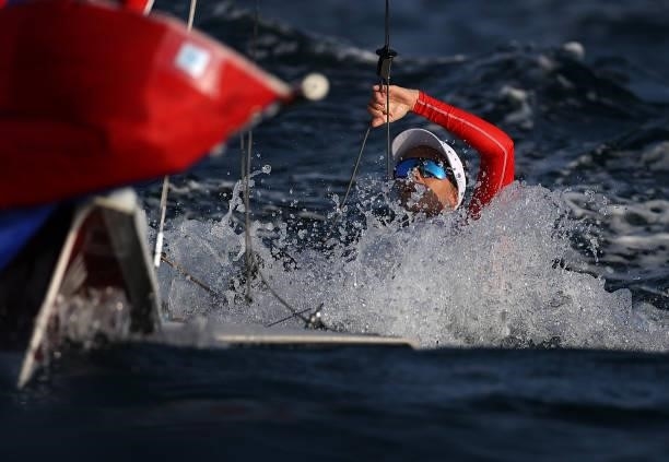 Helene Naess and Marie Roenningen of Team Norway compete in a Women's Skiff - 49er FX class race on day five of the Tokyo 2020 Olympic Games at...