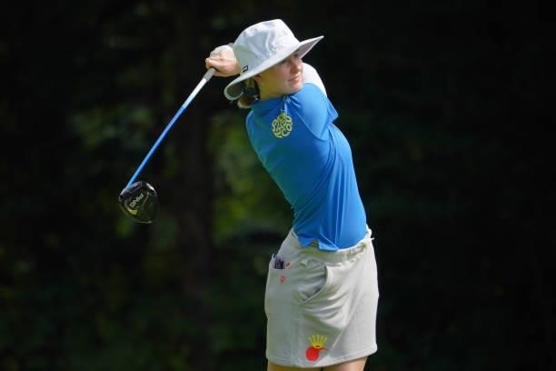 Karis Davidson of Australia hits her tee shot on the 5th hole during the first round of Rakuten Super Ladies at Tokyu Grand Oak Golf Club on July 29,...
