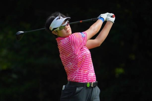 Fumika Kawagishi of Japan hits her tee shot on the 5th hole during the first round of Rakuten Super Ladies at Tokyu Grand Oak Golf Club on July 29,...