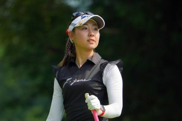 Mai Arai of Japan reacts after her tee shot on the 5th hole during the first round of Rakuten Super Ladies at Tokyu Grand Oak Golf Club on July 29,...