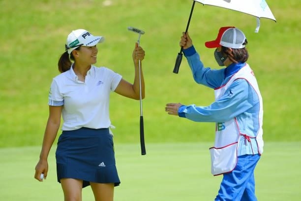 Hinako Shibuno of Japan reacts on the 15th green during the first round of Rakuten Super Ladies at Tokyu Grand Oak Golf Club on July 29, 2021 in...