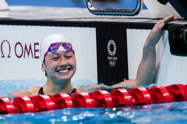 Bernadette Haughey Siobhan of Team Hong Kong reacts after the first Semifinal of the Women's 100m Freestyle on day six of the Tokyo 2020 Olympic...
