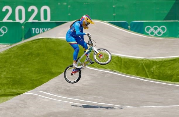 Mariana Pajon of Team Colombia jumps during the Women’s BMX quaterfinal heat 1, run 3 on day six of the Tokyo 2020 Olympic Games at Ariake Urban...