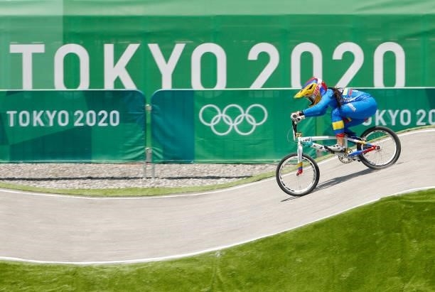 Mariana Pajon of Team Colombia competes during the Women’s BMX quaterfinal heat 1, run 3 on day six of the Tokyo 2020 Olympic Games at Ariake Urban...