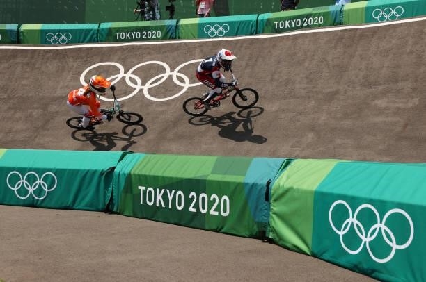 Judy Baauw of Team Netherlands and Alise Willoughby of Team United States as they compete during the Women's BMX quaterfinal heat 4, run 3 on day six...