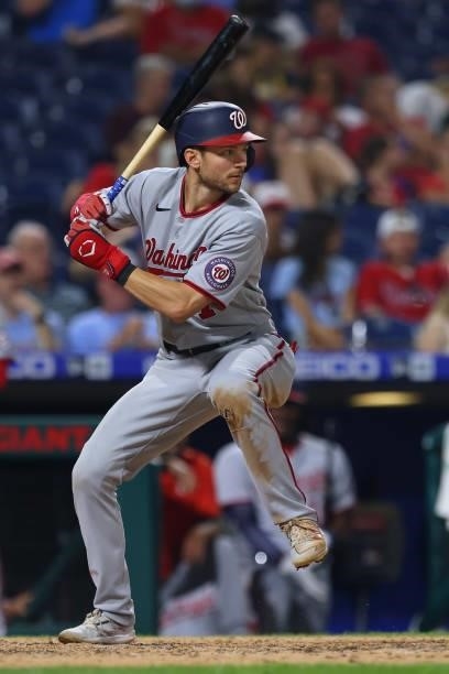 Trea Turner of the Washington Nationals in action against the Philadelphia Phillies during a game at Citizens Bank Park on July 26, 2021 in...