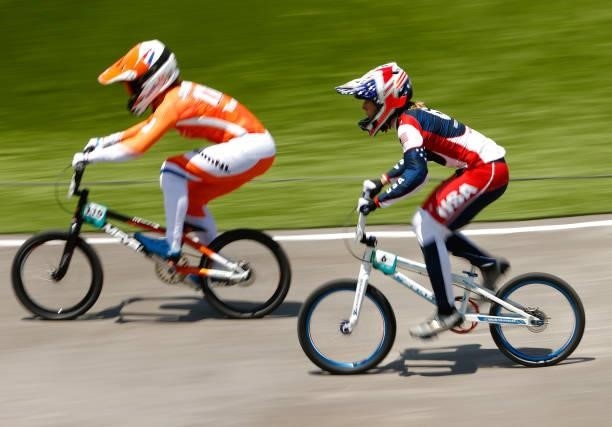 Laura Smulders of Team Netherlands and Felicia Stancil of Team United States as they compete during the Women's BMX quaterfinal heat 2, run 3 on on...