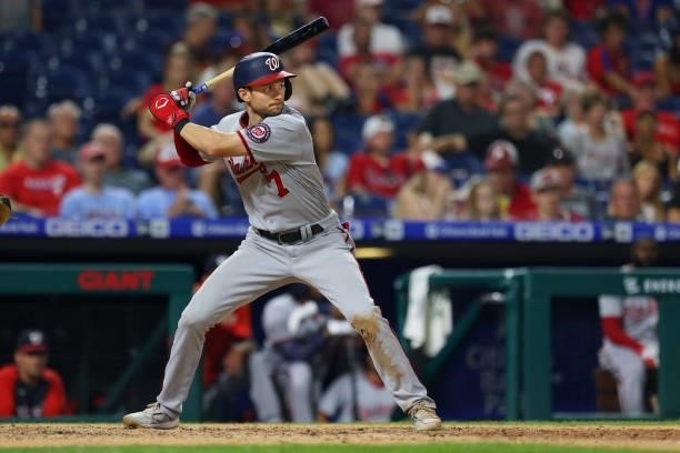 Trea Turner of the Washington Nationals in action against the Philadelphia Phillies during a game at Citizens Bank Park on July 26, 2021 in...