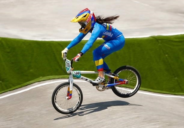 Mariana Pajon of Team Colombia jumps during the Women's BMX quaterfinal heat 1, run 3 on on day six of the Tokyo 2020 Olympic Games at Ariake Urban...