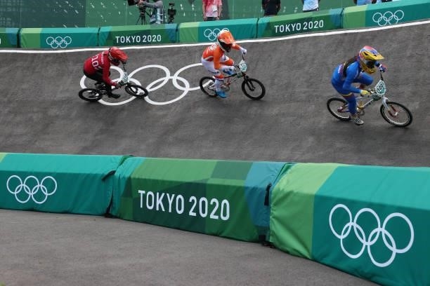 Simone Christensen of Team Denmark, Merel Smulders of Team Netherlands and Mariana Pajon of Team Colombia as they compete during the Women's BMX...