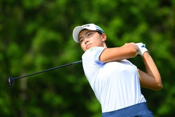Hinako Shibuno of Japan hits her tee shot on the 17th hole during the first round of Rakuten Super Ladies at Tokyu Grand Oak Golf Club on July 29,...
