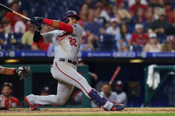 Juan Soto of the Washington Nationals in action against the Philadelphia Phillies during a game at Citizens Bank Park on July 26, 2021 in...