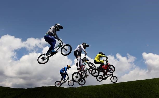 General view of racers jumping during the Mens Quarterfinals of the Cycling BMX Racing at Ariake Urban Park on day six of the Tokyo 2020 Olympic...