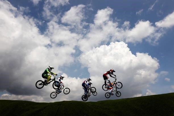 General view of racers jumping during the Womens Quarterfinals of the Cycling BMX Racing at Ariake Urban Park on day six of the Tokyo 2020 Olympic...