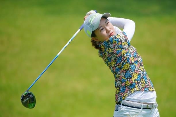 Ayano Nitta of Japan hits her tee shot on the 11th hole during the first round of Rakuten Super Ladies at Tokyu Grand Oak Golf Club on July 29, 2021...
