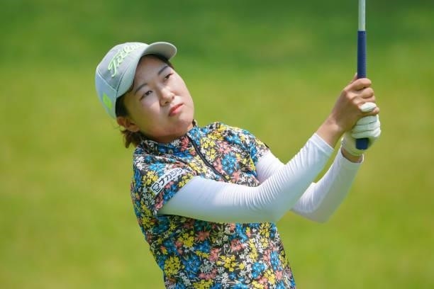 Ayano Nitta of Japan hits her tee shot on the 11th hole during the first round of Rakuten Super Ladies at Tokyu Grand Oak Golf Club on July 29, 2021...