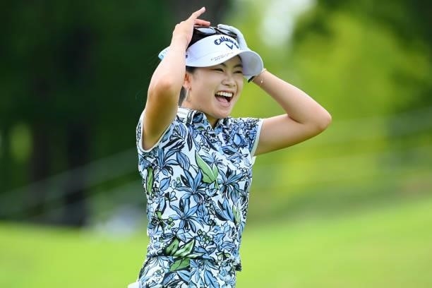 Yui Kawamoto of Japan reacts after her second shot on the 1st hole during the first round of Rakuten Super Ladies at Tokyu Grand Oak Golf Club on...