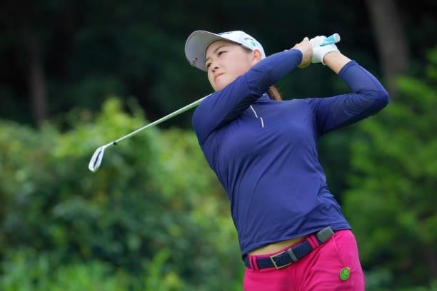 Miyu Shinkai of Japan hits her tee shot on the 17th hole during the first round of Rakuten Super Ladies at Tokyu Grand Oak Golf Club on July 29, 2021...