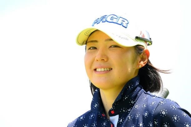 Rie Tsuji of Japan smiles on the 3rd tee during the first round of Rakuten Super Ladies at Tokyu Grand Oak Golf Club on July 29, 2021 in Kato, Hyogo,...