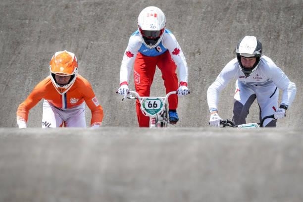 Niek Kimmann of the Netherlands, James Palmer of Canada and Helvijs Babris of Latvia during the start competing on Quarterfinals during the Tokyo...