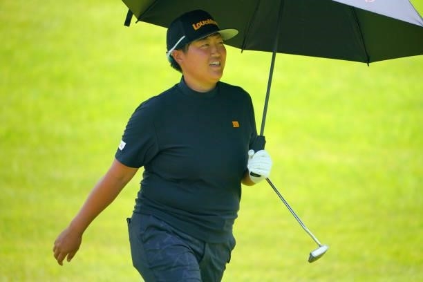 Haruka Kudo of Japan walks on the 1st fairway during the first round of Rakuten Super Ladies at Tokyu Grand Oak Golf Club on July 29, 2021 in Kato,...