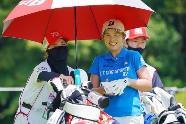 Aya Kinoshita of Japan smiles on the 11th tee during the first round of Rakuten Super Ladies at Tokyu Grand Oak Golf Club on July 29, 2021 in Kato,...