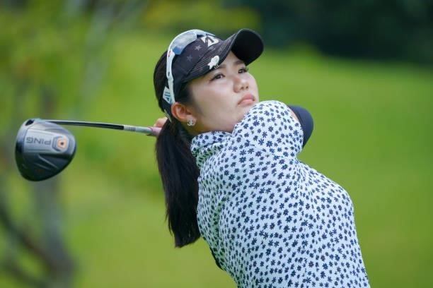 Yumi Matsubara of Japan hits her tee shot on the 11th hole during the first round of Rakuten Super Ladies at Tokyu Grand Oak Golf Club on July 29,...