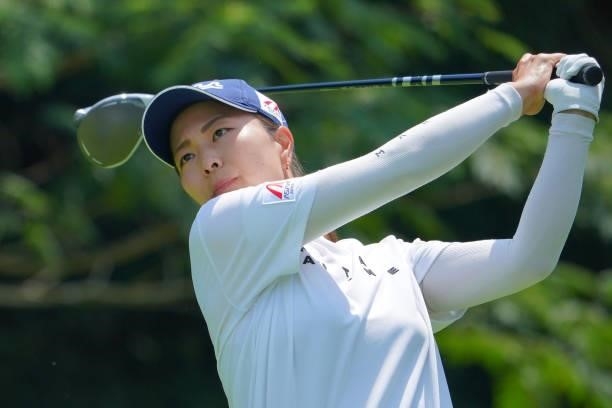 Mayu Hattori of Japan hits her tee shot on the 18th hole during the first round of Rakuten Super Ladies at Tokyu Grand Oak Golf Club on July 29, 2021...