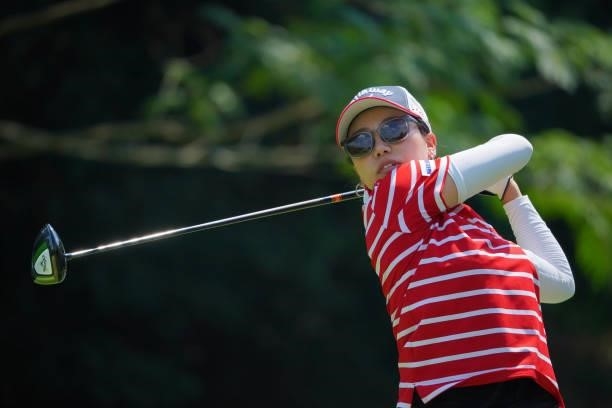 Kana Taneda of Japan hits her tee shot on the 18th hole during the first round of Rakuten Super Ladies at Tokyu Grand Oak Golf Club on July 29, 2021...