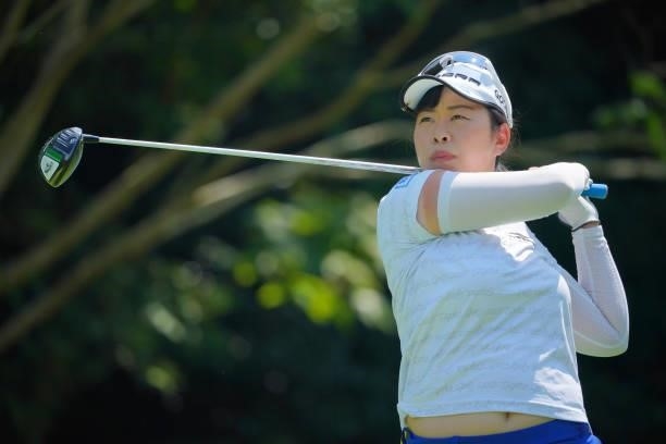 Saki Takeo of Japan hits her tee shot on the 18th hole during the first round of Rakuten Super Ladies at Tokyu Grand Oak Golf Club on July 29, 2021...