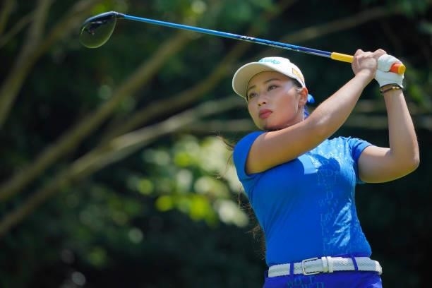 Miyuki Takeuchi of Japan hits her tee shot on the 18th hole during the first round of Rakuten Super Ladies at Tokyu Grand Oak Golf Club on July 29,...