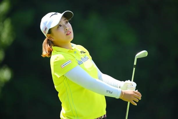 Mao Saigo of Japan hits her tee shot on the 8th hole during the first round of Rakuten Super Ladies at Tokyu Grand Oak Golf Club on July 29, 2021 in...