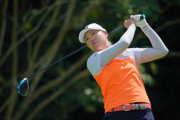 Eri Fukuyama of Japan hits her tee shot on the 18th hole during the first round of Rakuten Super Ladies at Tokyu Grand Oak Golf Club on July 29, 2021...