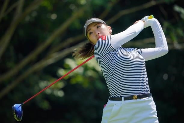 Ayano Yasuda of Japan hits her tee shot on the 18th hole during the first round of Rakuten Super Ladies at Tokyu Grand Oak Golf Club on July 29, 2021...
